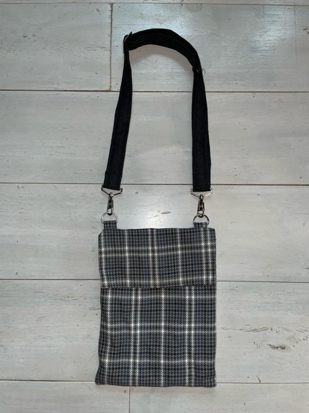 Pallas Textiles Wool Crossbody Bag Black Blue White Gray Houndstooth Adj Strap